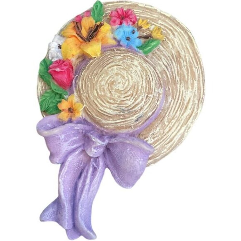 Vintage Floral Straw Hat Brooch With Purple Bow & Colorful Flowers - Picture 3 of 4